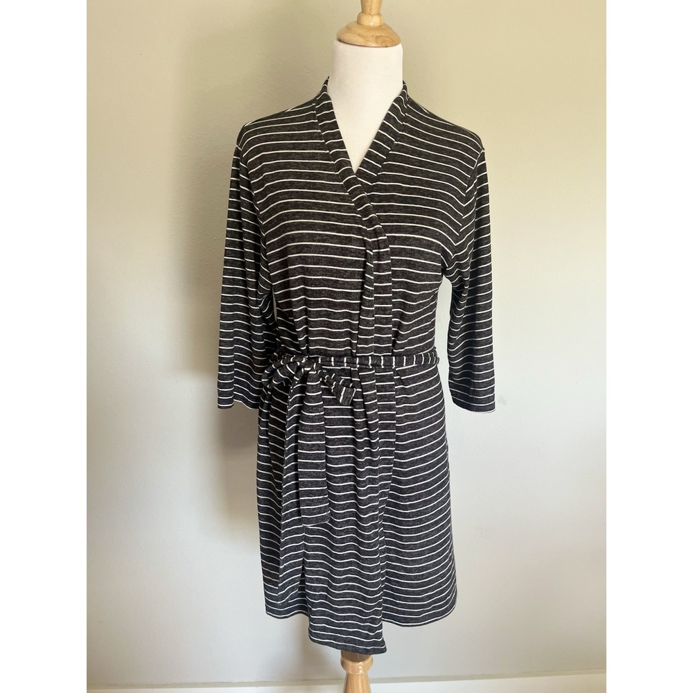 Gray White Striped Short Robe Size M Nicole Miller Heathered Belt 3/4 Sleeve